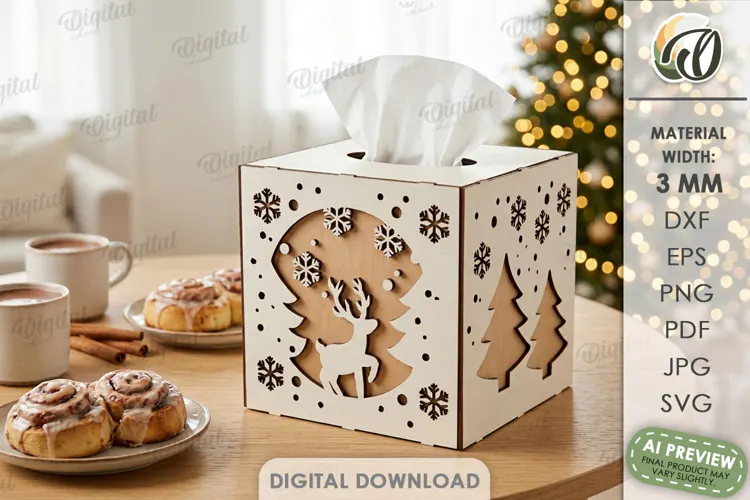 Christmas Tissue Box Cover Laser Cut. Holiday Napkin Box SVG