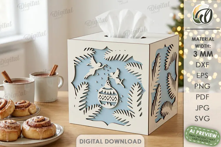Christmas Tissue Box Cover Laser Cut. Holiday Napkin Box SVG