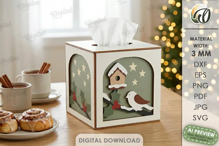 Christmas Tissue Box Cover Laser Cut. Holiday Napkin Box SVG