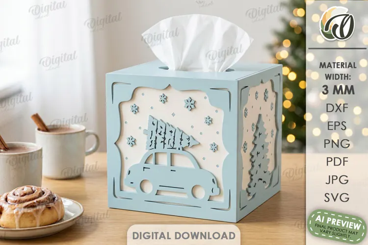 Christmas Tissue Box Cover Laser Cut. Holiday Napkin Box SVG