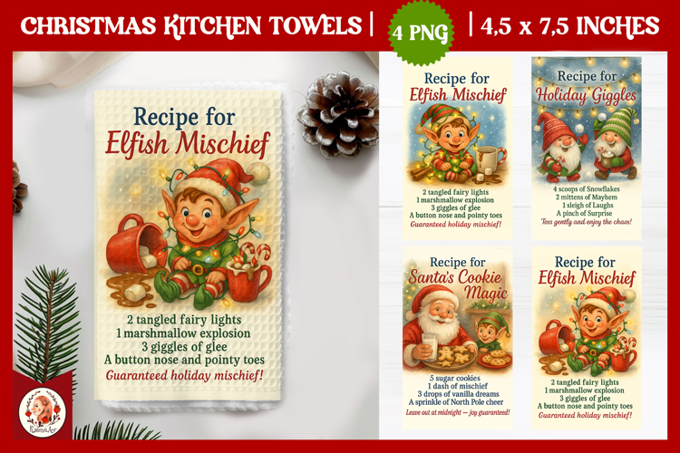 Christmas Kitchen Towel, Funny Elf, Santa, Christmas Recipe