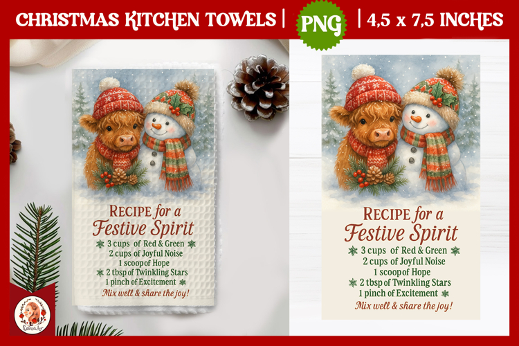 Christmas Kitchen Towel, Cute Highland Cow,Christmas Recipe