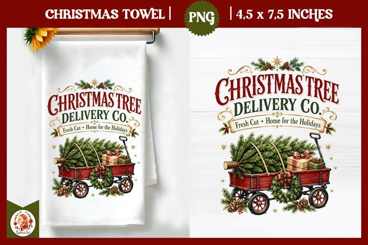 Vintage Christmas Kitchen Towel PNG |Retro farm sublimation