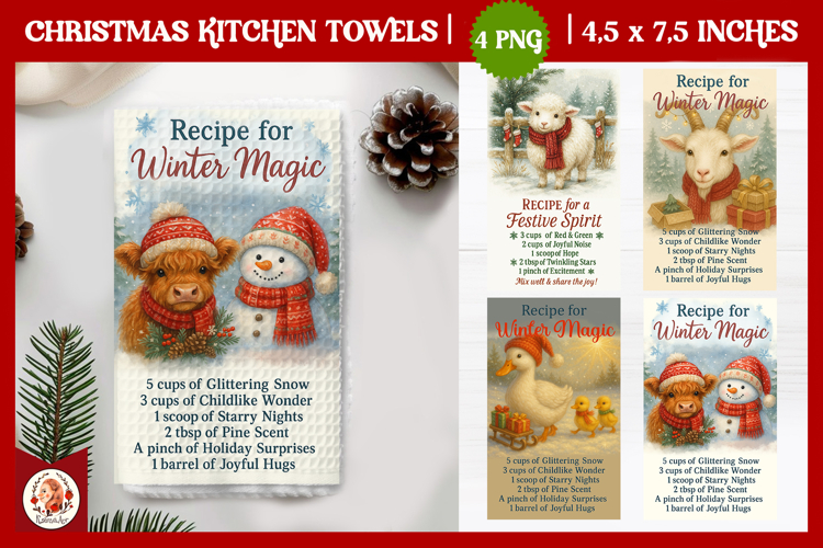 Christmas Kitchen Towel, Cute Farm Animals,Christmas Recipe