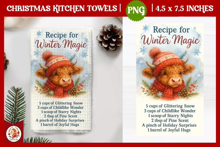 Christmas Kitchen Towel, Cute Highland Cow,Christmas Recipe example image 1