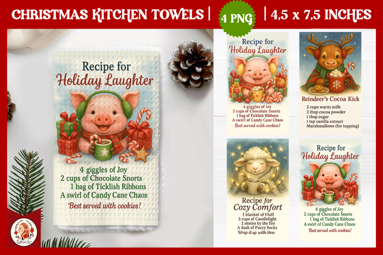 Christmas Kitchen Towel, Cute Farm Animals,Christmas Recipe