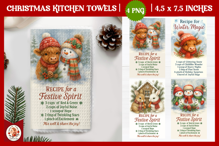 Christmas Kitchen Towel, Cute Farm Animals,Christmas Recipe