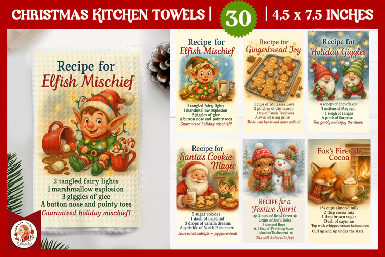 Christmas Kitchen Towels Sublimation Bundle, Holiday Recipe