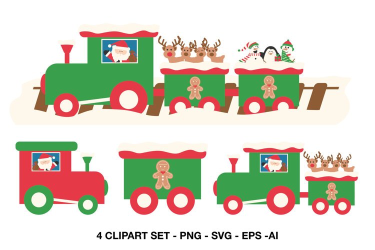 Christmas train clipart with Santa, reindeer, snowmen, penguin and festive holiday wagons