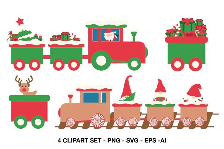 Christmas Train Clipart with Santa, Reindeer & Gifts