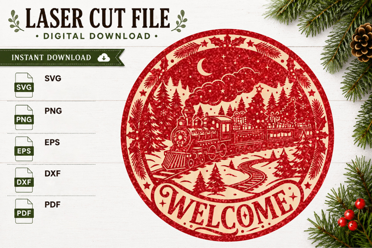 Christmas Train Round Sign Laser SVG