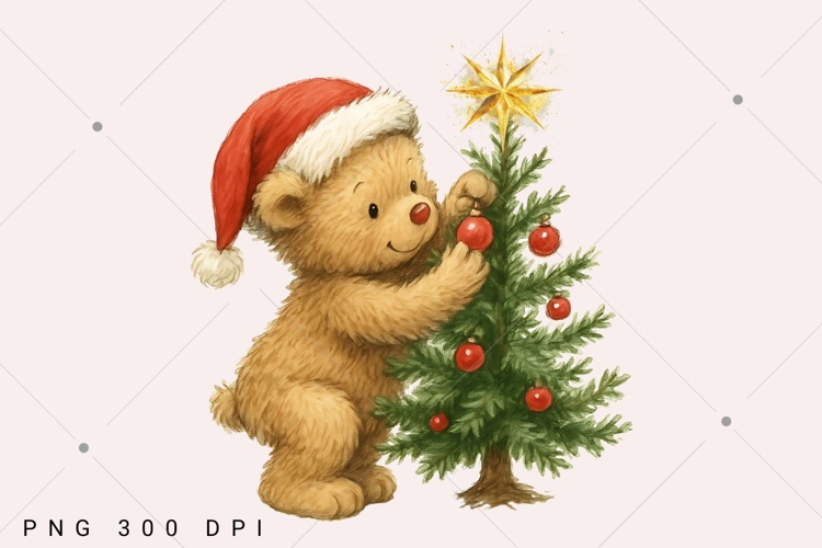 Christmas Tree and Bear PNG, Bear Christmas png, Retro