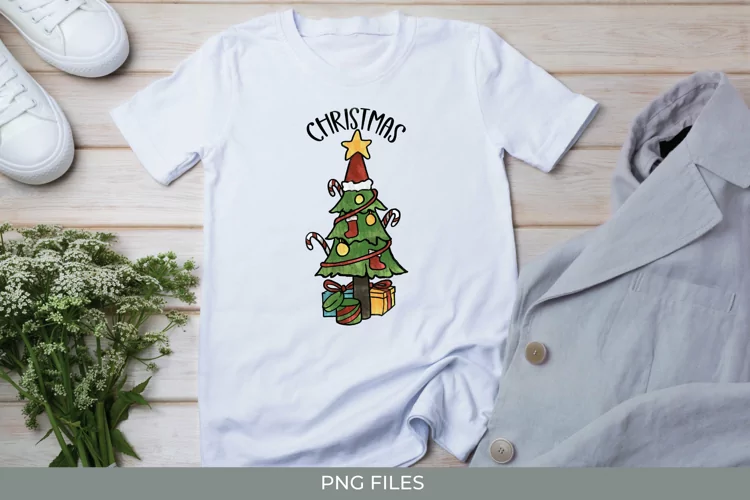 Christmas Tree with Star on Top and Gift Box Watercolor