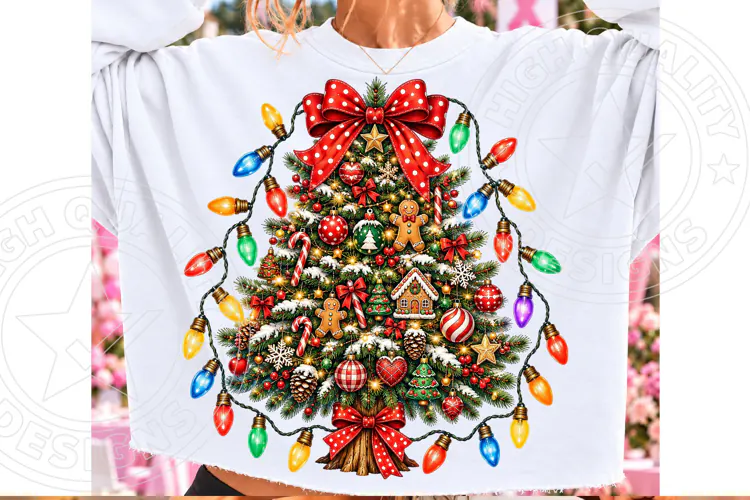 Christmas Tree Christmas Lights Vintage Bow & Gingerbread Ho