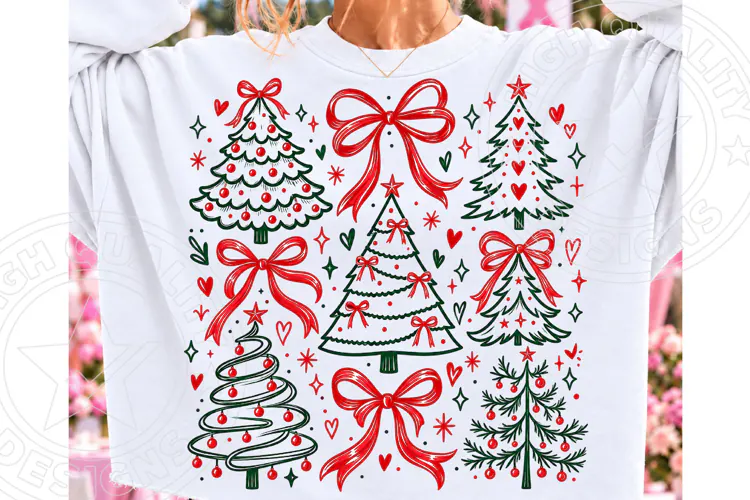 Christmas Tree Doodle PNG with Red Bows | Christmas Sublimat