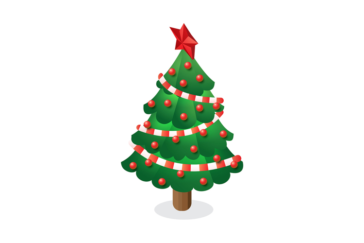 Isometric christmas tree with red star baubles and striped.