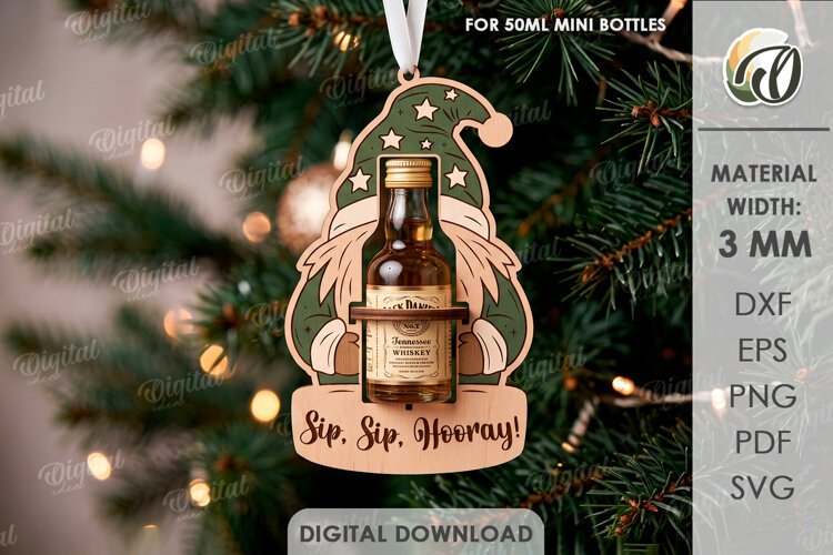 Christmas Mini Bottle Holder Ornament Laser Cut. Gnome SVG example image 1
