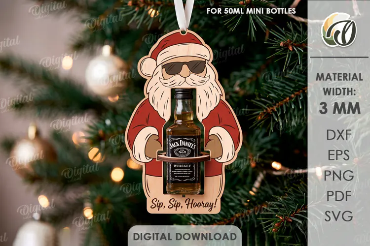Christmas Mini Bottle Holder Ornament Laser Cut. Santa SVG