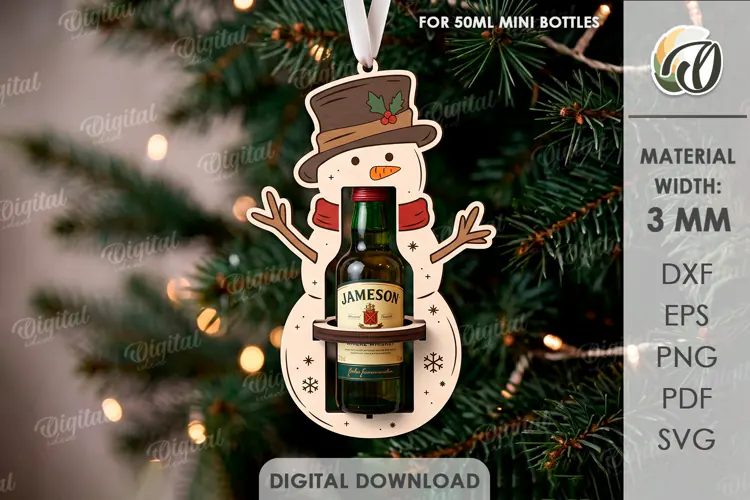 Christmas Mini Bottle Holder Ornament Laser Cut. Snowman SVG