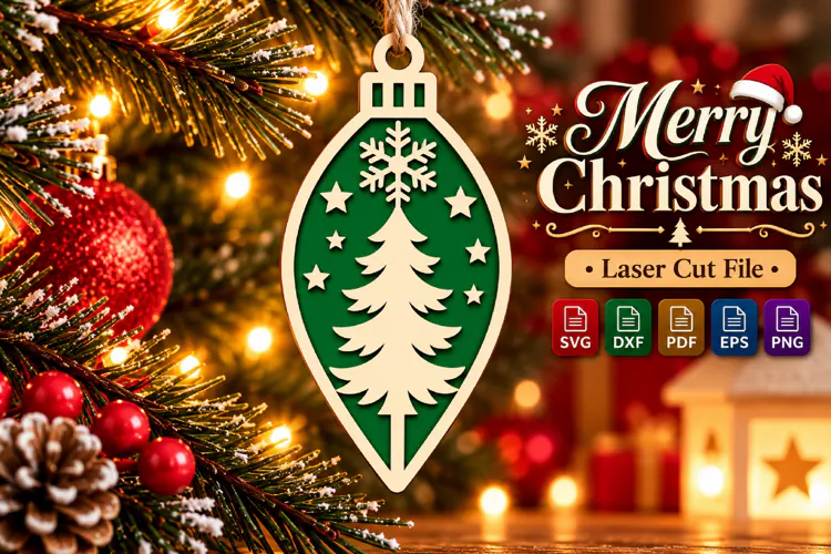 Christmas Tree Ornament SVG, Green Laser Cut Bauble Design