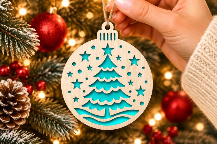 Christmas Tree Ornament SVG, Laser Cut Bauble Stars Snow example image 1