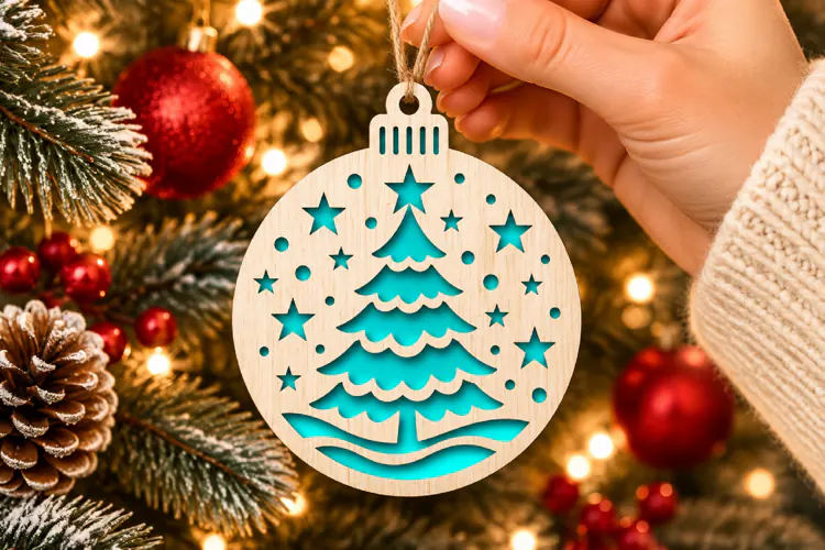 Christmas Tree Ornament SVG, Laser Cut Bauble Stars Snow