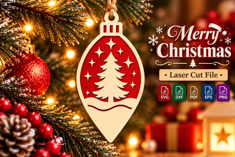 Christmas Tree Ornament SVG, Red Laser Cut Bauble Design example image 1