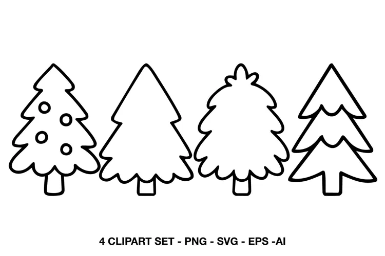 Christmas Tree Outline SVG Clipart | 4 Festive Tree Designs