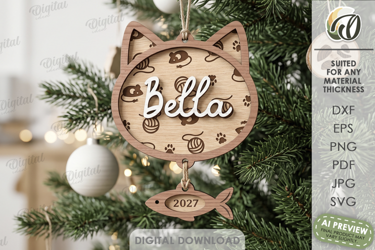 Christmas Cat Ornament Laser Cut. Christmas Tree Decor SVG