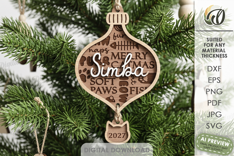 Christmas Cat Ornament Laser Cut. Christmas Tree Decor SVG