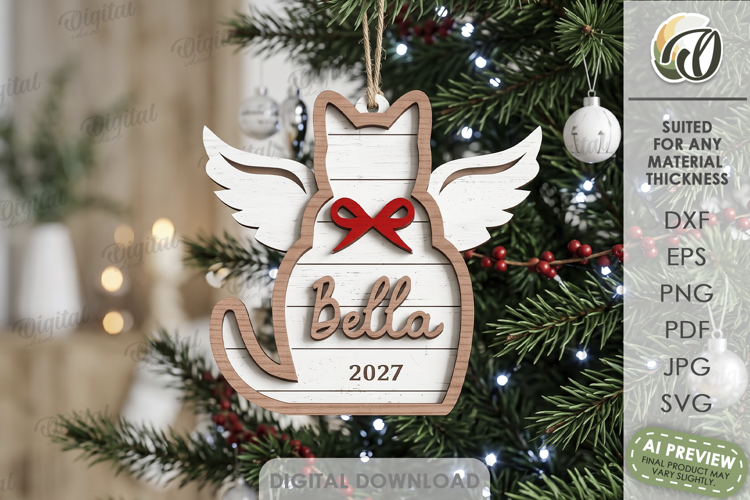 Christmas Cat Ornament Laser Cut. Christmas Tree Decor SVG