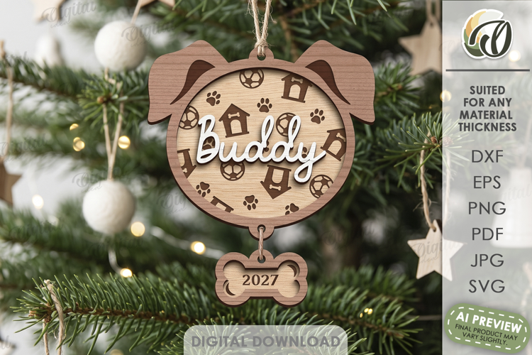 Christmas Dog Ornament Laser Cut. Christmas Tree Decor SVG
