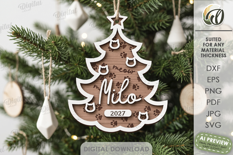Christmas Cat Ornament Laser Cut. Christmas Tree Decor SVG