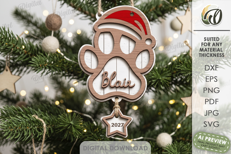 Christmas Pet Ornament Laser Cut. Christmas Tree Decor SVG