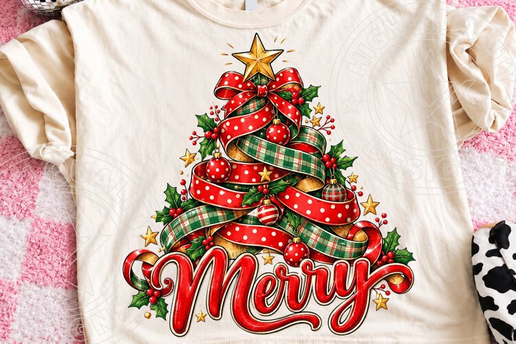 Christmas Tree Sublimation PNG, Red Polka Dot Ribbon and Gre example image 1