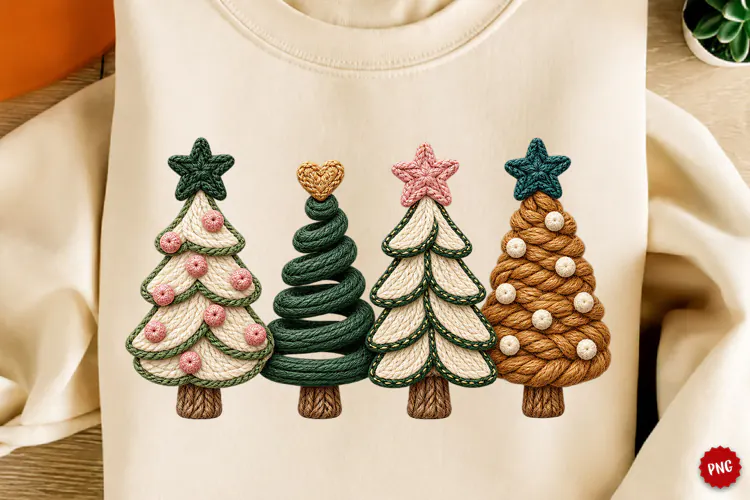 Christmas Tree PNG, Four Cozy Yarn Trees Sublimation Png