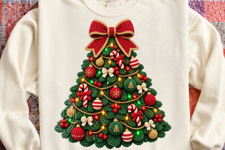 Christmas Tree PNG, Knitted Holiday Bow Sublimation Digital example image 1