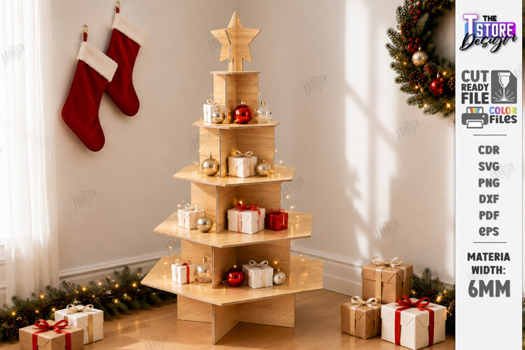 Christmas Tree Shelf Laser Cut | Christmas Tiered Tray | CNC example image 1