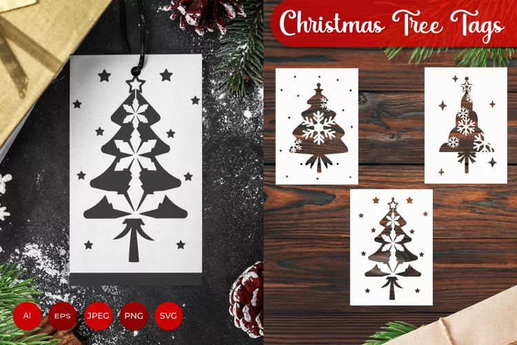 Snowflake in Christmas Tree Shaped Gift Tags Set