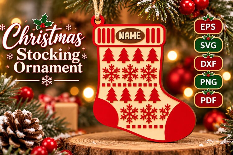 Christmas Stocking Name Ornament SVG, Laser Cut File SVG example image 1