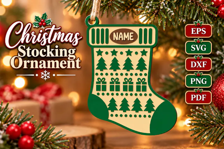 Christmas Tree Stocking Ornament SVG, Laser Cut File SVG