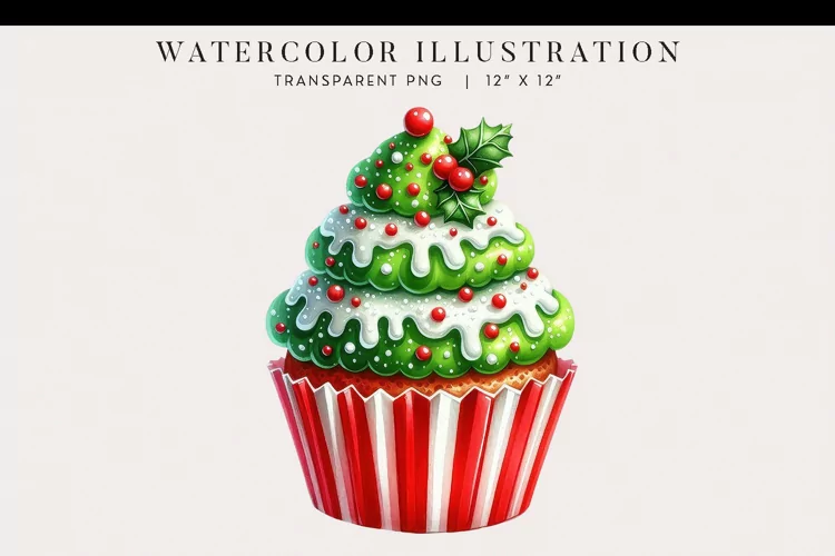 Christmas Tree Watercolor Cupcake Clipart