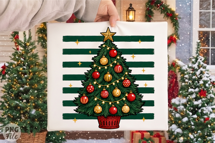 Christmas Tree with Green Stripes PNG, Festive Sublimation