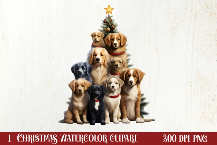 Christmas Tree With Many Dogs Clipart PNG