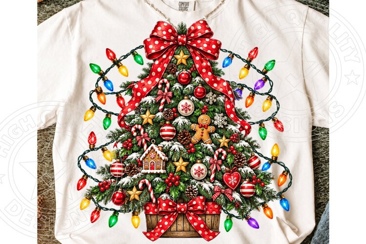 Christmas Tree with Red Bow & Vintage Lights PNG example image 1