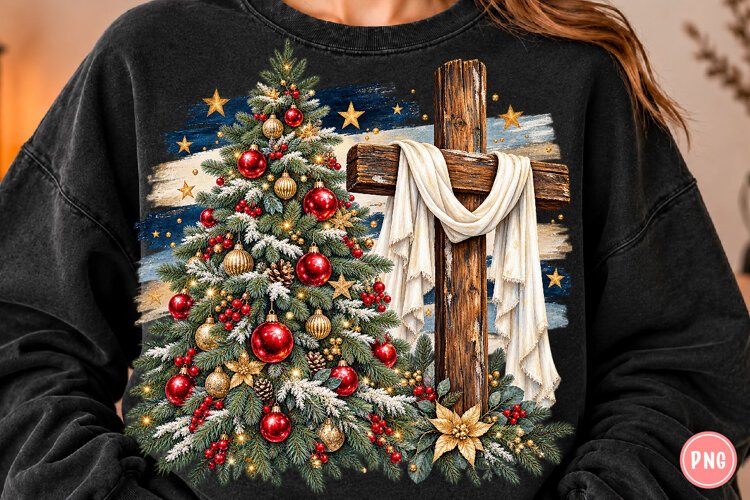 Christmas Tree & Wooden Cross PNG | Rustic Christian example image 1