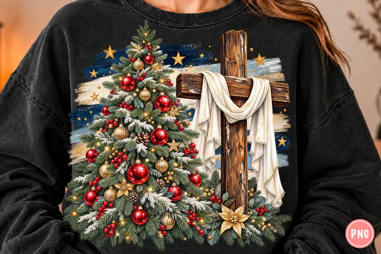 Christmas Tree & Wooden Cross PNG | Rustic Christian