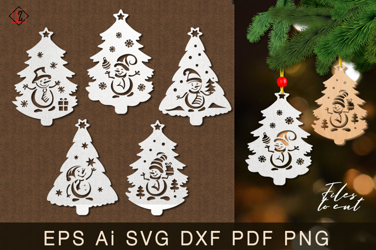 Christmas trees with carved snowmen. Cut file
