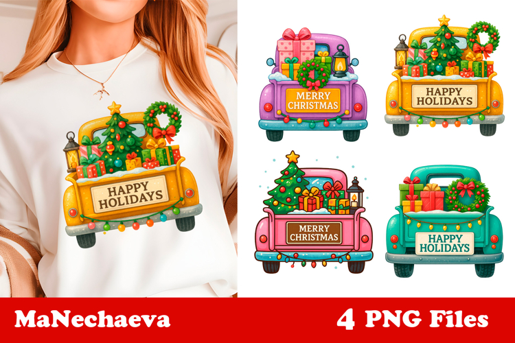 Vintage Christmas Truck Clipart | Holiday Sublimation Design