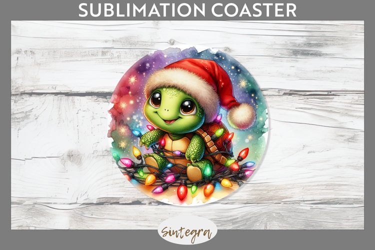 Christmas Turtle v3 Entangled in Lights Round Coaster Sublim example image 1